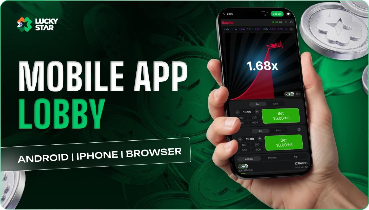 Mobile casino lobby with navigation tools, game categories and account features